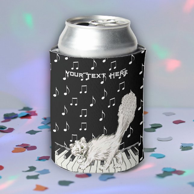 Fun Winking White Cat Walking on Piano Music Notes Can Cooler (Winking white cat walking on piano keys white music notes on black drink can cooler.)