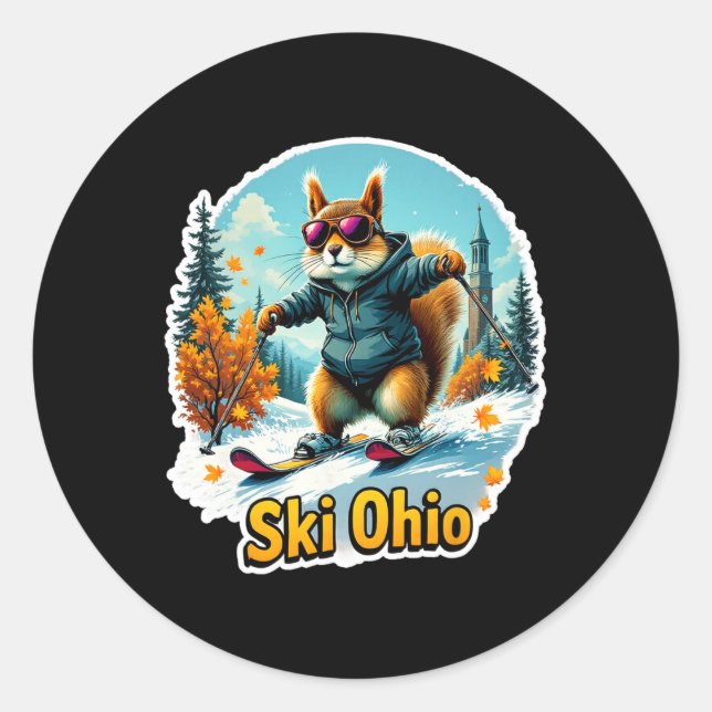 Fun Winter Adventure In Ohio Skiing Squirrel  Classic Round Sticker (Front)