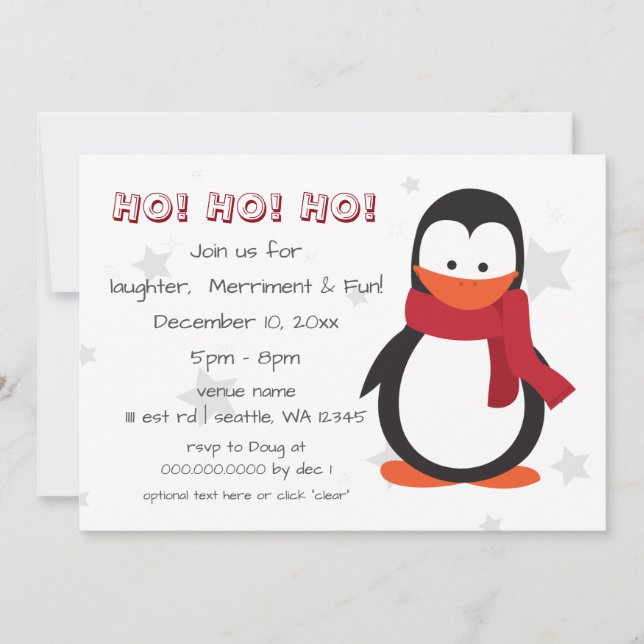 fun winter penguin christmas party invitation (Front)