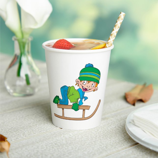 Fun Winter Sledding Boy Cute Snow Adventure  Paper Cups (Creator Uploaded)