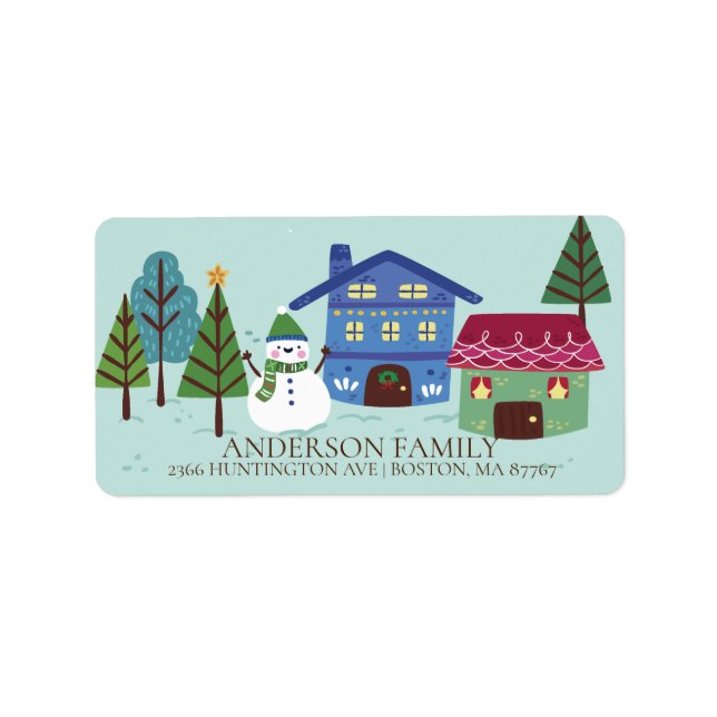Fun Winter Village Snowman Christmas Address Label (Front)