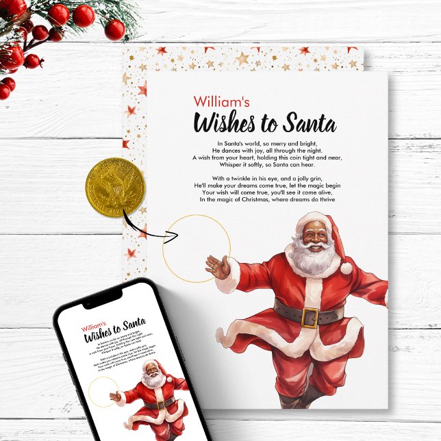 Fun Wishes to Santa DIY Coin Card Magic Christmas  (Wishes to Santa DIY Coin Card Magic Christmas Black Mr Claus wishing north pole letter Vintage retro)