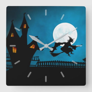 Fun Witch & Full Moon by Haunted House Square Wall Clock