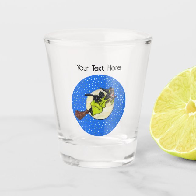 Fun Witch Green Dress Flying on Broom Cat Circle Shot Glass (Front)