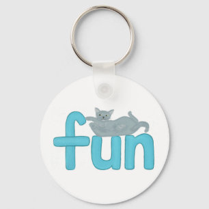 fun word in aqua with playful grey cat, keychain