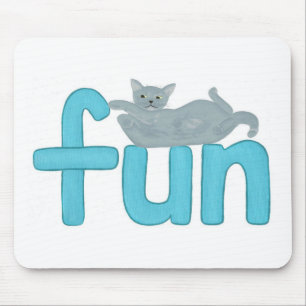 fun word in aqua with playful grey cat, mousepad