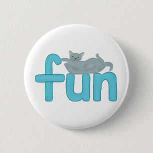 Fun word in aqua with playful grey cat, pins