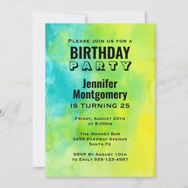 Fun Yellow and Blue Watercolor Abstract Birthday Invitation (Front)