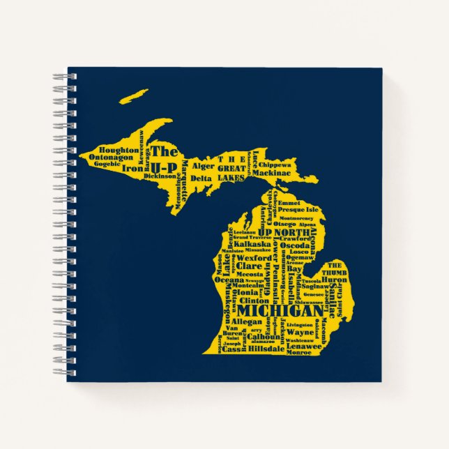 Fun Yellow and Navy Blue State of Michigan cities Notebook (Front)
