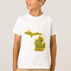 Fun Yellow and Navy Blue State of Michigan cities T-Shirt