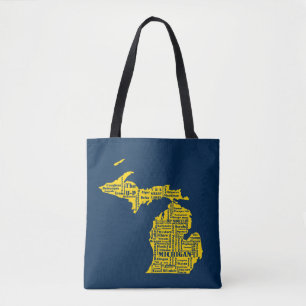 Fun Yellow and Navy Blue State of Michigan cities Tote Bag