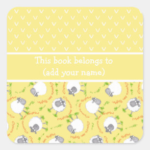 Fun Yellow and White Bookplates with Comic Sheep Square Sticker