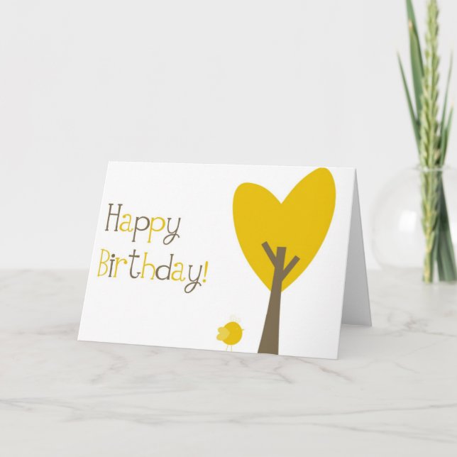 Fun Yellow Bird and Tree Heart Happy Birthday Card (Front)