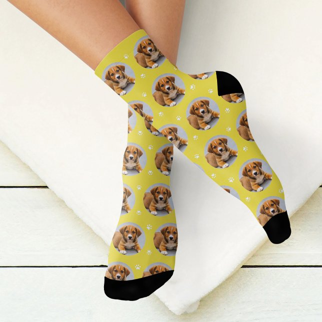 Fun Yellow Custom Dog Photo Paw Print Socks (Creator Uploaded)