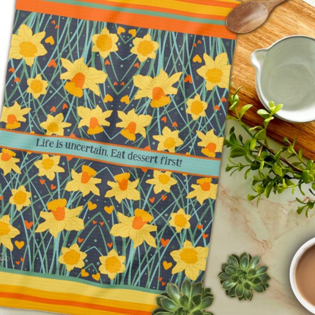 Fun Yellow Daffodils Custom Name or Quote Stylish  Tea Towel (Creator Uploaded)