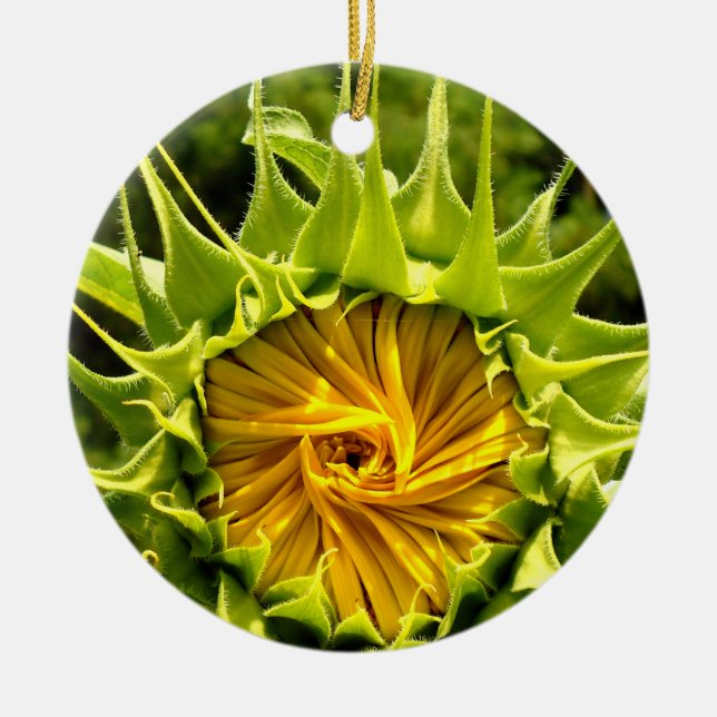Fun yellow floral Sunflower Ceramic Ornament (Front)