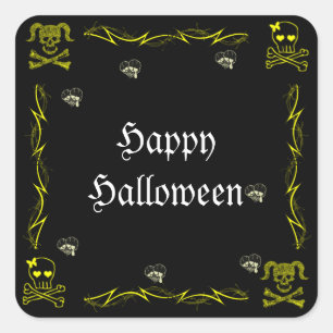 Fun Yellow Girl Gothic Skulls Halloween Square Sticker