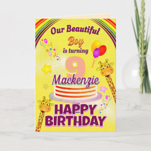 FUN YELLOW Happy 9th Birthday Giraffes and Balloon Card
