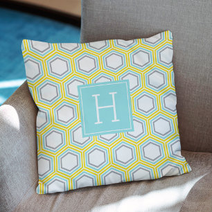 Fun Yellow Honeycomb Pattern Monogram Cushion