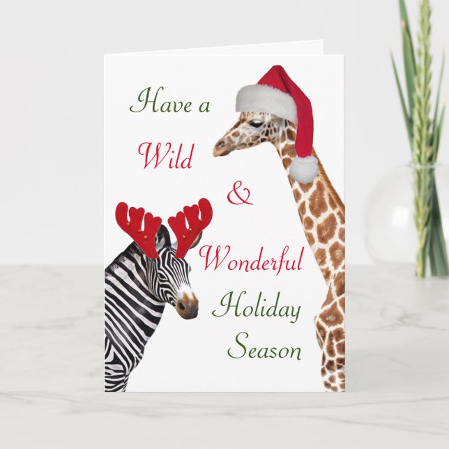 Fun Zebra and Giraffe Wild Wonderful Christmas Holiday Card (Front)