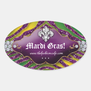 Fun Zebra Fleur de lis Mardi Gras Party Oval Sticker