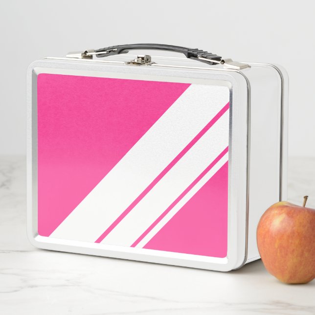 FunAthletic Bright Pink Wide White Racing Stripes  Metal Lunch Box (In Situ)