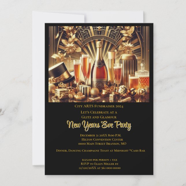 Fundraiser Black Gold New Year's Eve Party  Invitation (Front)