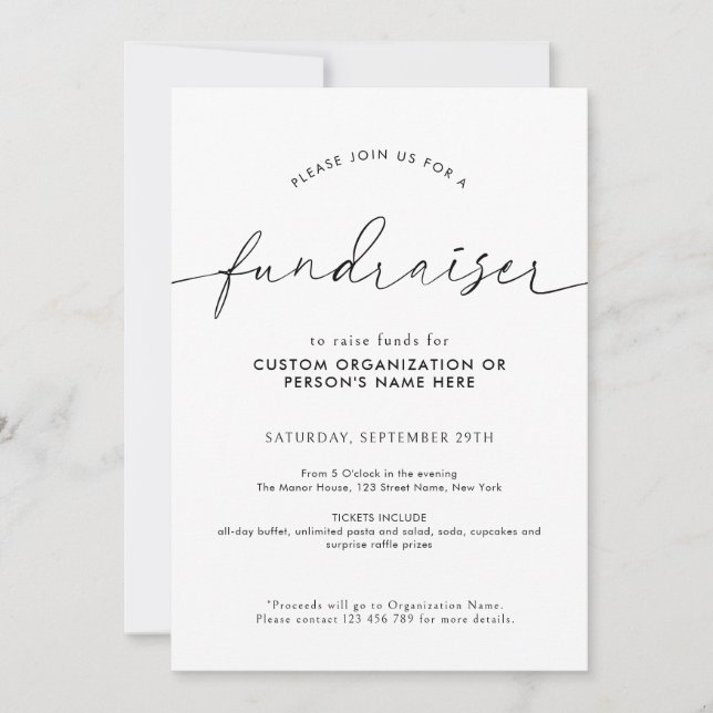 Fundraiser Minimalist Script Black & White Charity Invitation (Front)