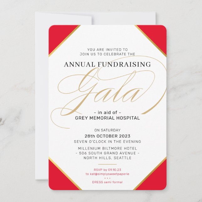 FUNDRAISING GALA BALL elegant event regal red gold Invitation (Front)