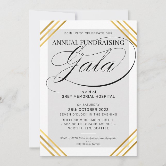 FUNDRAISING GALA event fancy gold frame grey Invitation (Front)