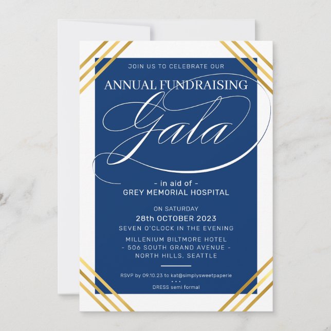 FUNDRAISING GALA event fancy gold frame navy blue Invitation (Front)
