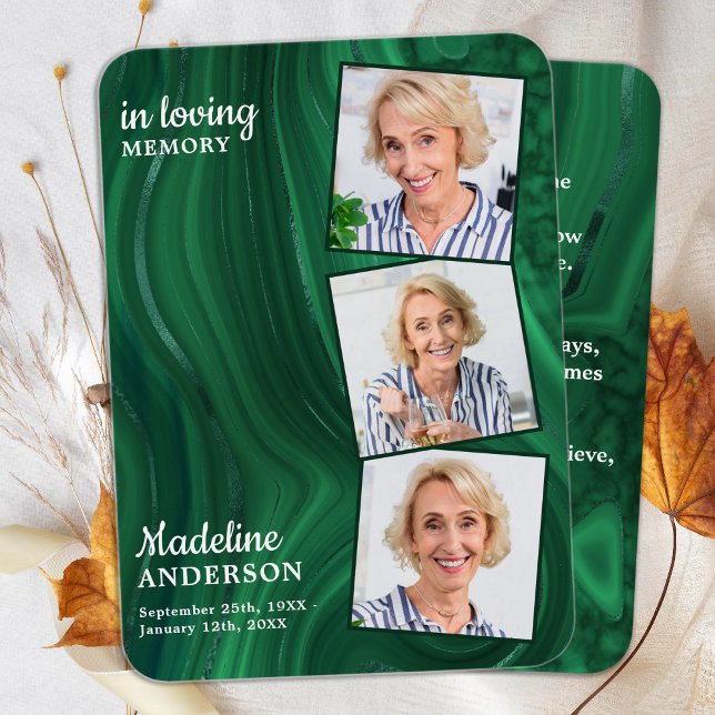 Funeral 3 Photo Memorial Prayer Card Emerald Green (Creator Uploaded)