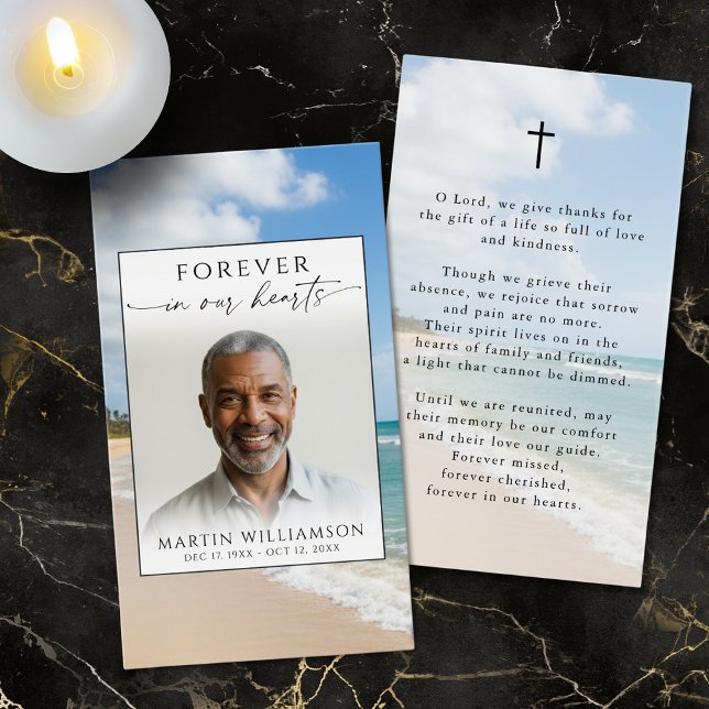 Funeral Beach Photo Forever Hearts Prayer Card (Creator Uploaded)