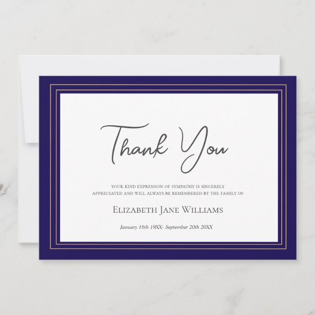 Funeral Bereavement Navy & Gold  Thank You Card (Front)
