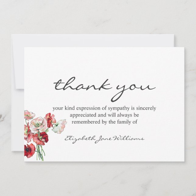 Funeral Bereavement Watercolor Poppies Thank You Card (Front)