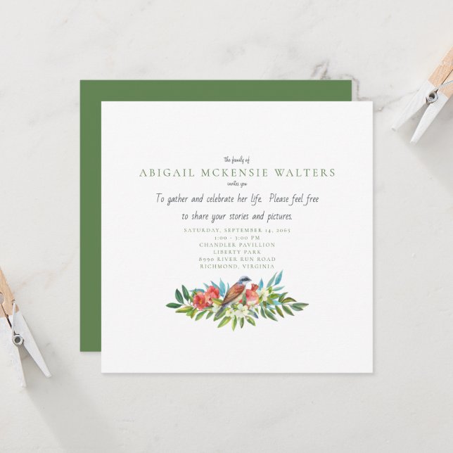 Funeral Bird and Pomegranate Celebration of Life   Invitation (Front/Back In Situ)