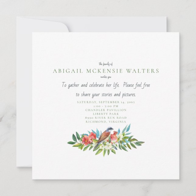 Funeral Bird and Pomegranate Celebration of Life   Invitation (Front)