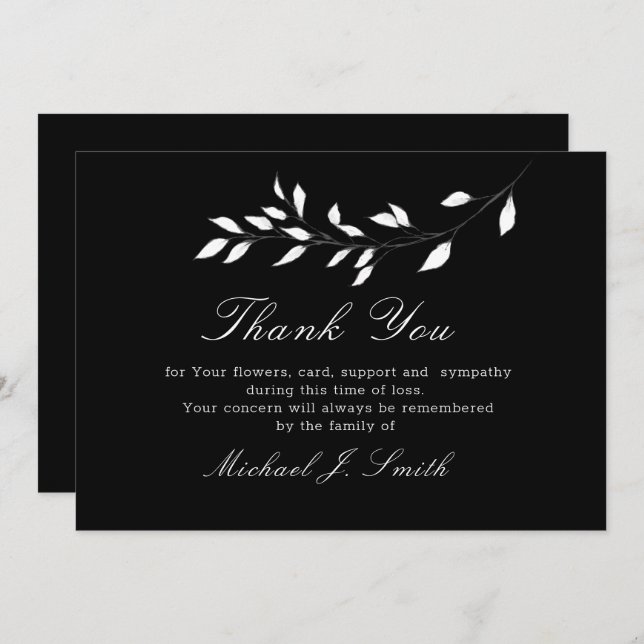 Funeral Black Elegant Floral Thank You Card (Front/Back)