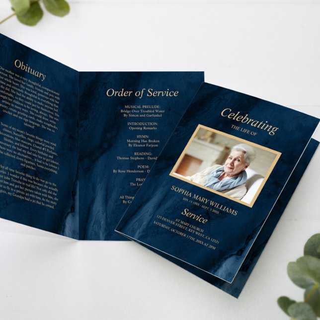 Funeral Blue & Gold Calligraphy Memorial Program (Creator Uploaded)