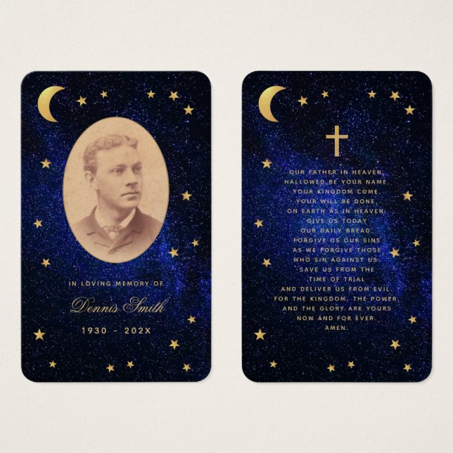 Funeral Blue Night Gold Stars Memorial Prayer Card (Front & Back)
