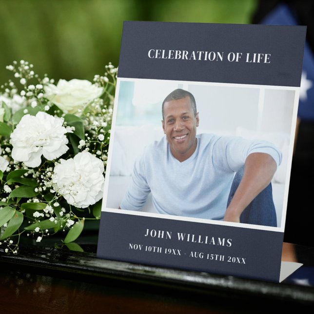 Funeral blue photo memorial celebration of life pedestal sign (Creator Uploaded)