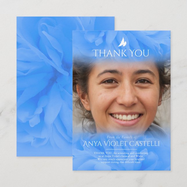 Funeral blue soft rose photo family thank you card (Front/Back)