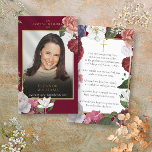Funeral Burgundy Floral Photo Prayer Cards