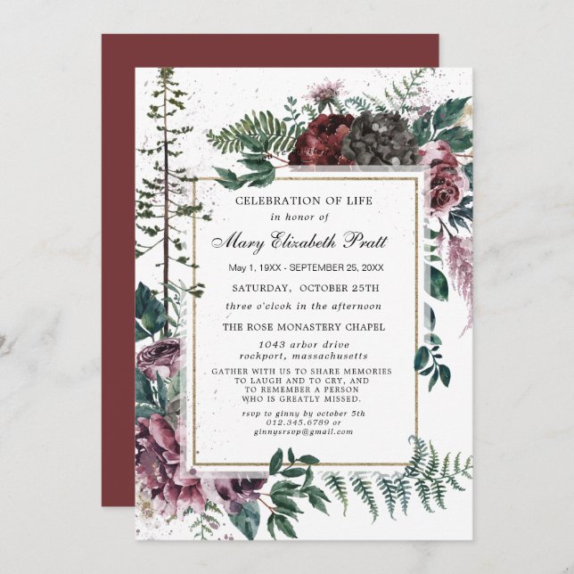 Funeral Burgundy Floral Pine Celebration of Life Invitation (Front/Back)