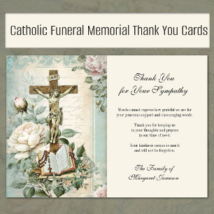 Funeral Catholic Jesus Roses Cross Condolence Thank You Card