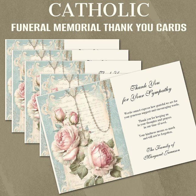 Funeral Catholic Memorial Rosary and Roses  Thank You Card (Traditional Catholic Funeral Memorial Cards with the Holy Rosary and Roses)