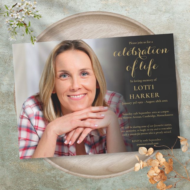 Funeral Celebration of Life Elegant Gold Photo Invitation (Funeral Celebration of Life Elegant Gold Photo Invitation)