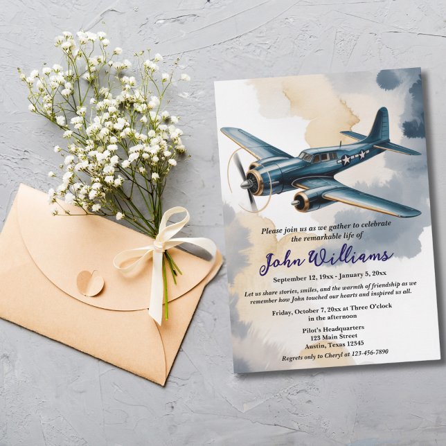 Funeral Celebration of Life Memorial Aeroplane Blu Invitation (Creator Uploaded)