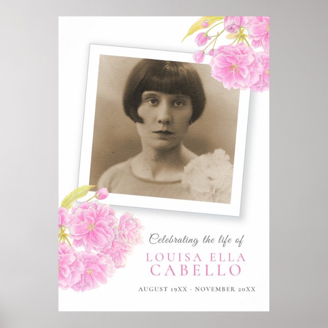 Funeral celebration of life pink blossom photo poster (Front)