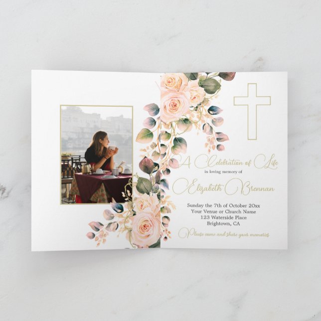 Funeral Christian Photo Elegant Rose Invitation (Inside)